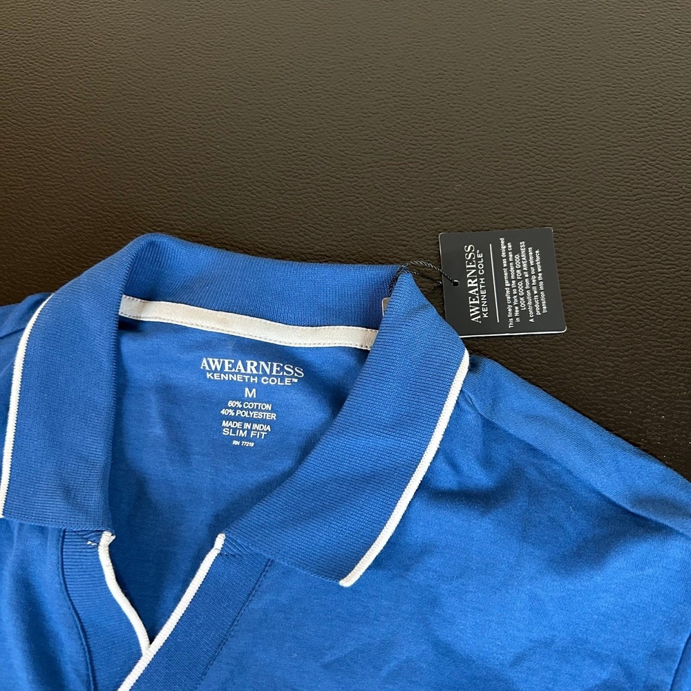 Awearness Kenneth Cole Johnny Collar Polo Mens Medium Blue Slim Fit  NWT